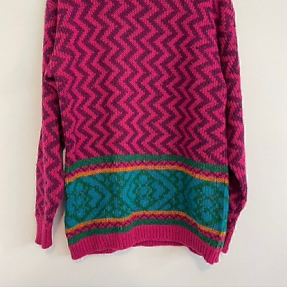 VINTAGE LIZ SPORT Magenta Pink Purple Chevron Stripe Tunic WOOL Blend Sweater M - Picture 3 of 10